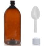 1 Litre Amber PET Bottle With White CR Cap & Spoon