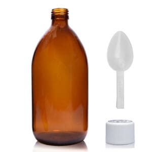 1000ml Amber Glass Sirop Bottle With White Medilock Cap & Spoon