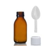 100ml Amber Glass Sirop Bottle With White Medilock Cap & Spoon
