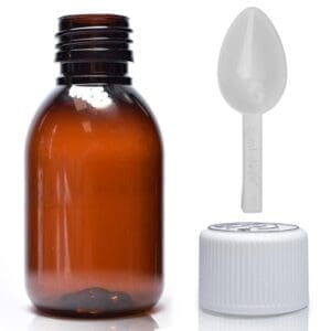 100ml Amber PET Bottle With White CR Cap & Spoon