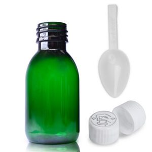 100ml Green PET Sirop Bottle With White CR Cap & Spoon