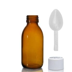 125ml Amber Glass Sirop Bottle With White Medilock Cap & Spoon
