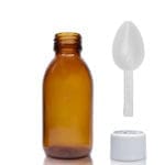 125ml Amber Glass Sirop Bottle With White Medilock Cap & Spoon
