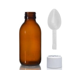 150ml Amber Glass Sirop Bottle With White Medilock Cap & Spoon