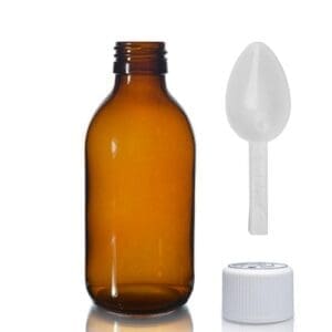 200ml Amber Glass Sirop Bottle With White Medilock Cap & Spoon