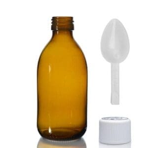 250ml Amber Glass Sirop Bottle With White Medilock Cap & Spoon