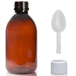 250ml Amber PET Bottle With White CR Cap & Spoon