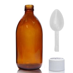 500ml Amber Glass Sirop Bottle With White Medilock Cap & Spoon
