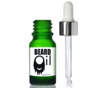 10ml Green Glass Beard Oil Bottle & White/Sil Pipette With Wiper