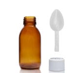 100ml Amber Glass Medicine Bottle With White Medilock Cap & Spoon