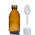150ml Amber Glass Medicine Bottle With White Medilock Cap & Spoon