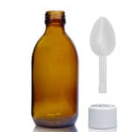 250ml Amber Glass Medicine Bottle With White Medilock Cap & Spoon