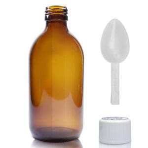 300ml Amber Glass Medicine Bottle With White Medilock Cap & Spoon