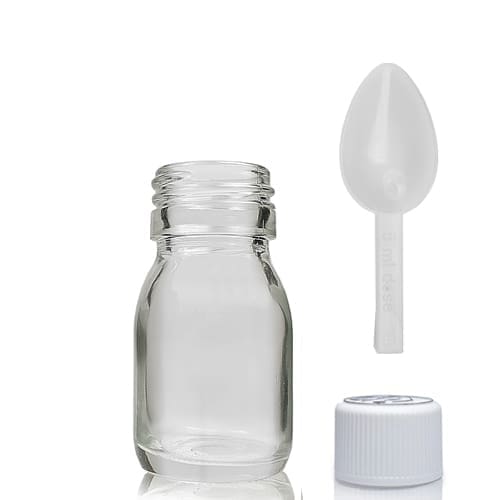 30ml Clear Glass Medicine Bottle With White Medilock Cap & Spoon