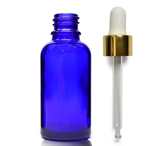 30ml Blue Glass Skincare Bottle With Luxury Gold Pipette
