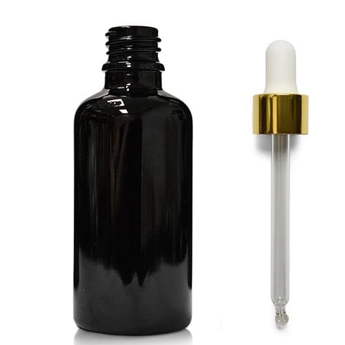 50ml Black Glass Dropper Bottle With Luxury Gold Pipette