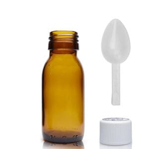 60ml Amber Glass Medicine Bottle With White Medilock Cap & Spoon