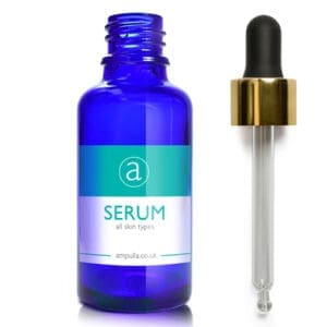 30ml Blue Glass Serum Bottle With Luxury Gold Pipette & Wiper