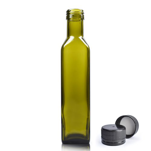 250ml Green Glass Marasca Bottle With Black Ribbed Cap