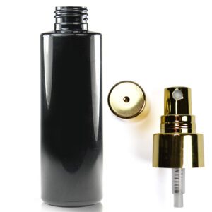 150ml Glossy Black PET/PCR Plastic Bottle With Gold Atomiser Spray