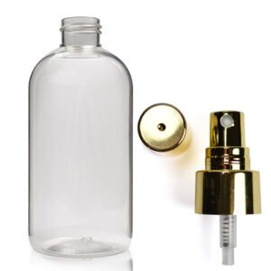 250ml Clear PET Boston Bottle With Gold Atomiser Spray