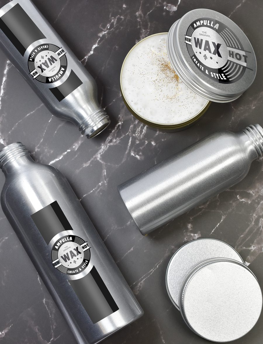 Cosmetic cream container, body scrub, bath salt and pink flowers on white wooden background from top view