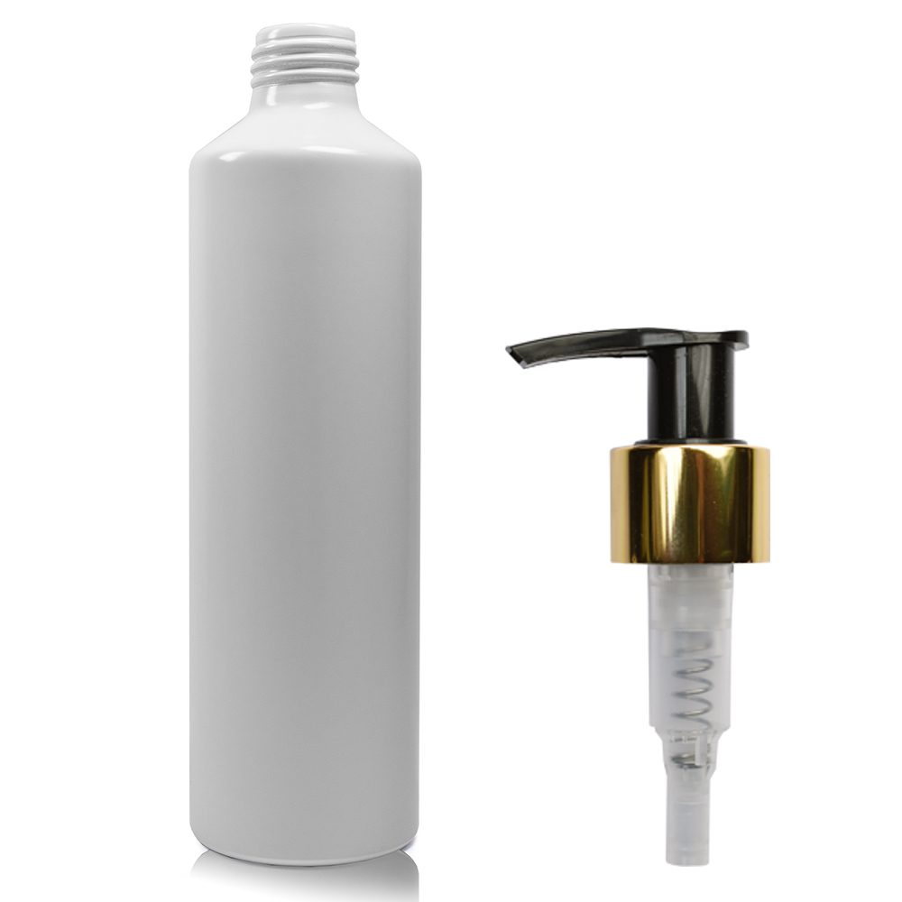 250ml Matte White Aluminium Bottle With Gold Lotion Pump