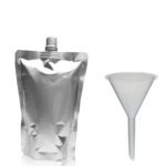 250ml Matt Silver Centre Spout Pouch With Grey Cap & Funnel
