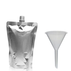 250ml Matt Silver Centre Spout Pouch With Grey Cap & Funnel