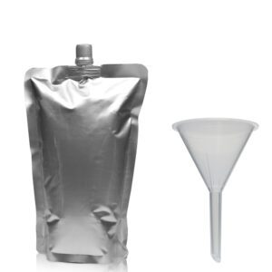 500ml Matt Silver Centre Spout Pouch With Grey Cap & Funnel